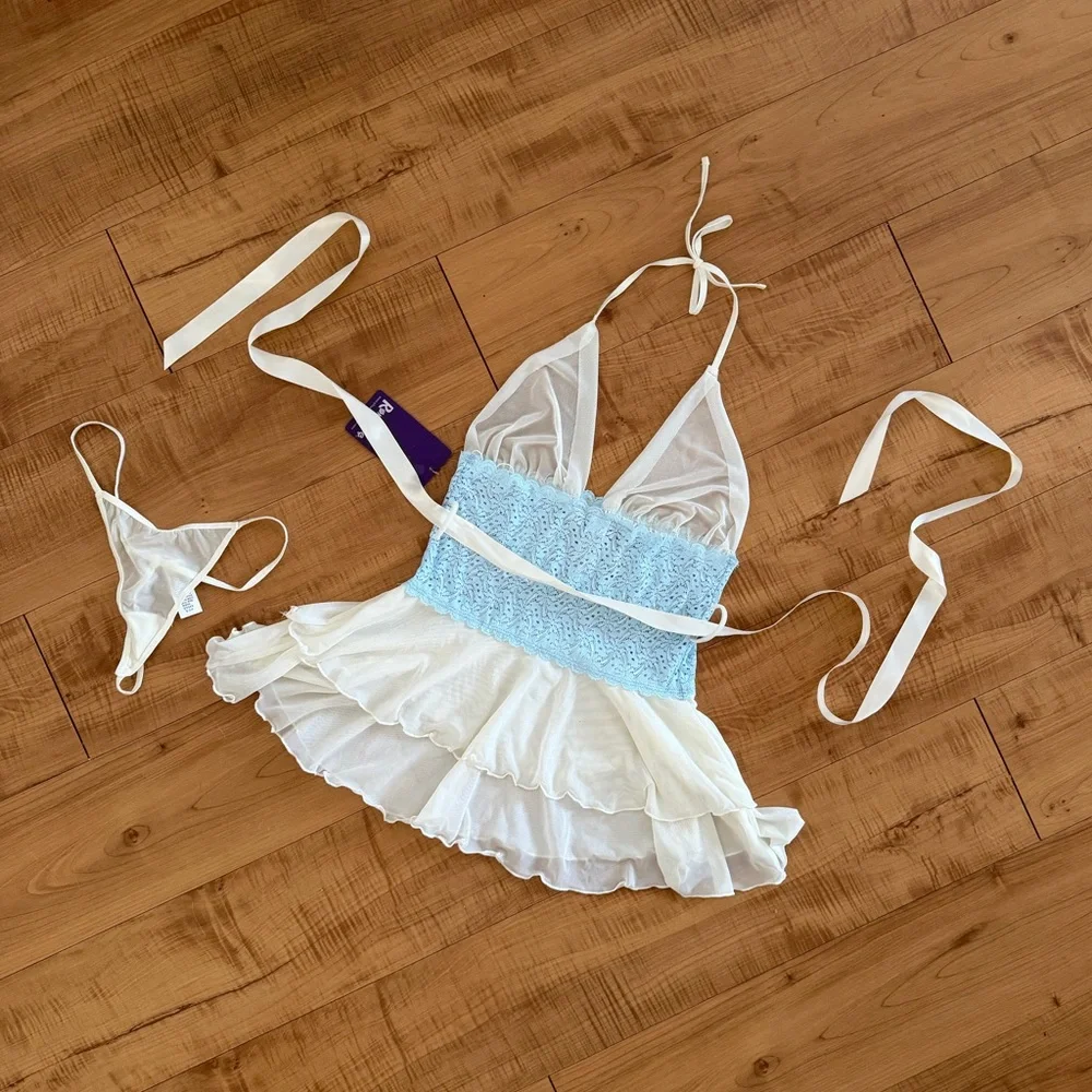 Babydoll Halter Blue and White One-piece Mesh Lace Chemise Lingerie
